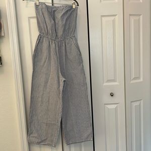 Full Tilt blue/white pinstripe strapless jumpsuit w/2 side pockets